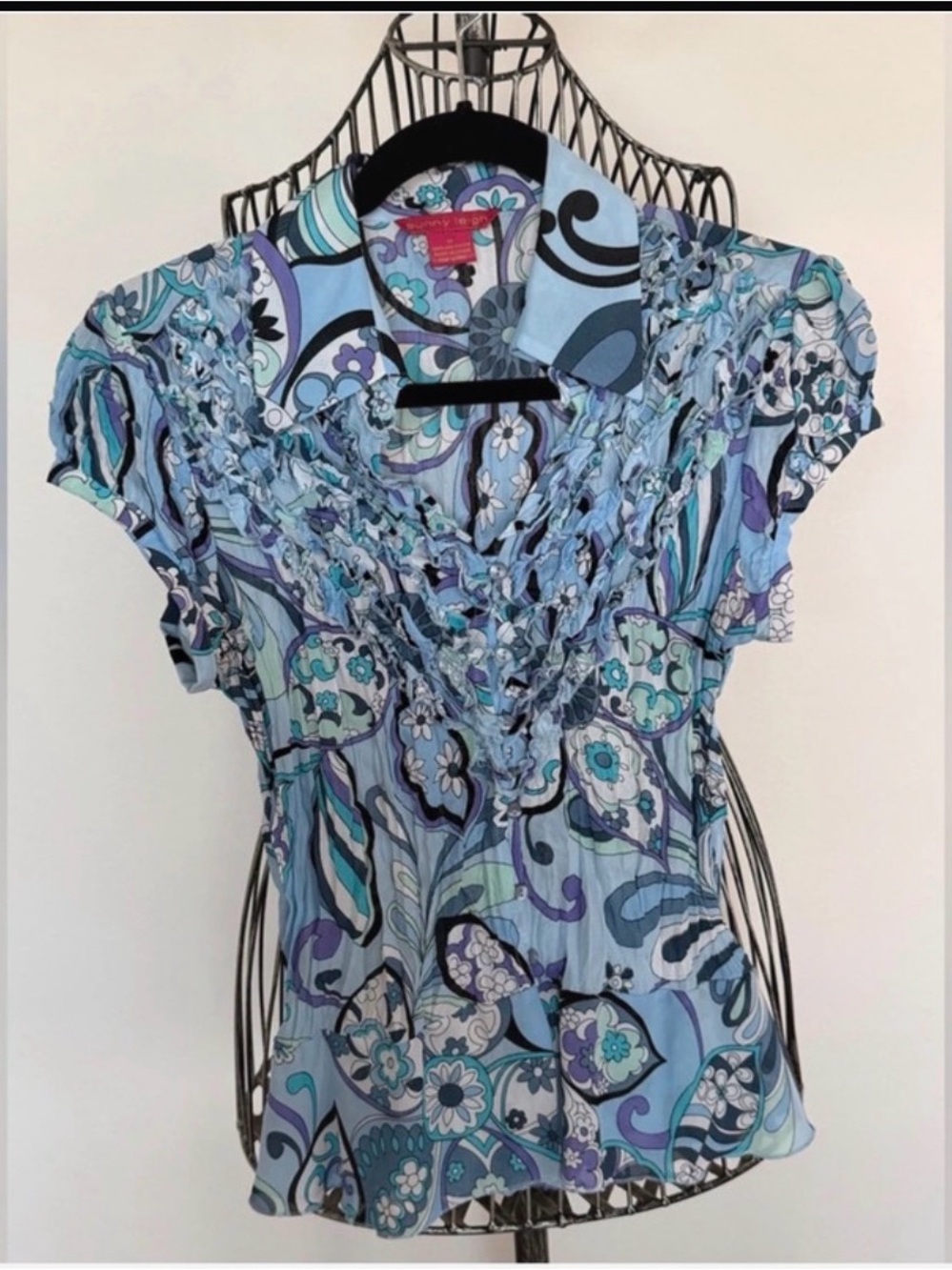Sunny Leigh Blue Paisley Ruffle Collar Blouse